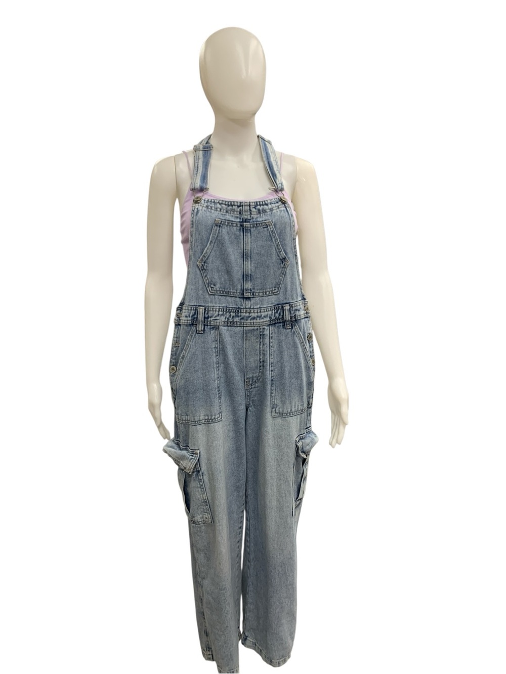 Light Blue Denim Cargo Overalls Jumpsuit - Women's Casual Size S